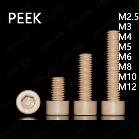 Top Tier PEEK Plastic Hex Socket Bolts And Cap Head Screws Metric Fastener Set With Hella Tough M5 X 12mm Design displayed in various sizes.