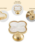 Four Leaf Clover Cabinet Knob Set 15 Pcs Zinc Alloy Pulls Gold Finish Clover Handles For Furniture Dresser Wardrobe Bathroom Decorative Pulls Single Hole Door Handles White Finish Bundle showing gold base and white clover top.
