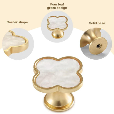 Four Leaf Clover Cabinet Knob Set 15 Pcs Zinc Alloy Pulls Gold Finish Clover Handles For Furniture Dresser Wardrobe Bathroom Decorative Pulls Single Hole Door Handles White Finish Bundle showing gold base and white clover top.