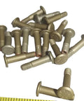 Pile of 19 gold-toned protruding-head rivets, 3/16 in diameter and 1/2 in grip length, aircraft-grade fasteners.