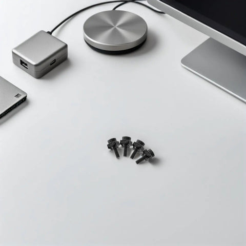 Rock Solid M5x25 Black Rack Mount Screws With Floating Cage Nuts For Standard 19 Inch Server Racks arranged on a table.