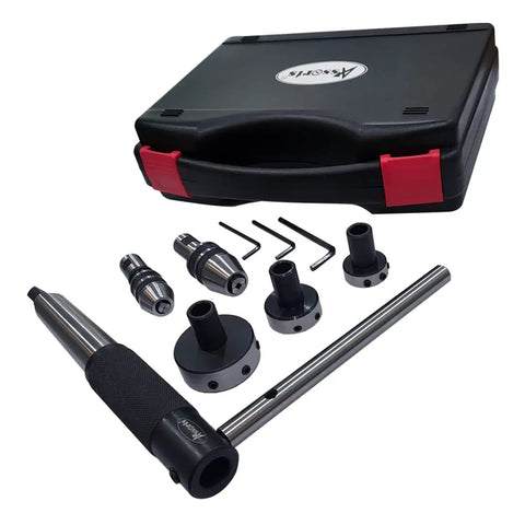 Beefed Up Lathe Tailstock Die Holder Complete Kit With MT1 MT2 MT3 Sizes, pro grade hardened steel, shown with durable storage box.