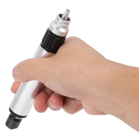 Hand holding Badass Pneumatic Micro Die Grinder Screaming At 35000 RPM Air Powered Polisher and Engraver for precise work.