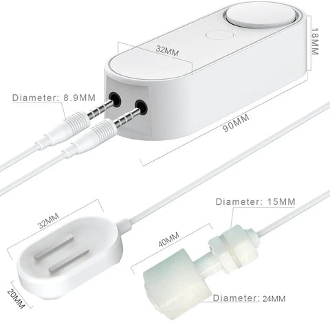 Dimensions of Dual Probe Water Leak Detector With WiFi, showing detachable 16.4 ft dual detection line, probes, and smart sensor.