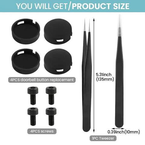 Round Doorbell Button Replacement Kit With Screws For Video Doorbells Black Finish No Brainer Install items shown including tweezers and screws