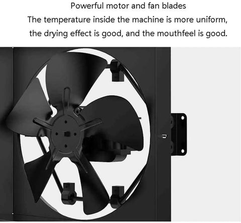 Powerful motor and fan blades inside Heavy Duty Top Shelf Six Layer Electric Food Dehydrator With Digital Timer And Adjustable Thermostat.
