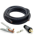 Heavy Duty 10 ft 2 AWG Welding Cable With USA Made Construction, Work Clamp And Dinse Twistlock Connector Plug shown coiled