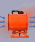 No Frills Heavy Duty Industrial Drum Fan 14 Inch Orange with oscillating head, showing airflow and sturdy base.