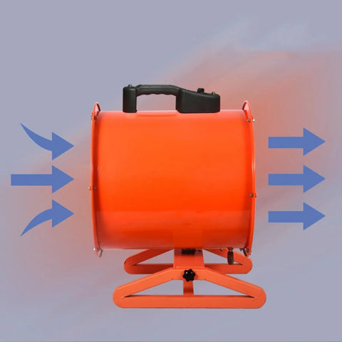 No Frills Heavy Duty Industrial Drum Fan 14 Inch Orange with oscillating head, showing airflow and sturdy base.