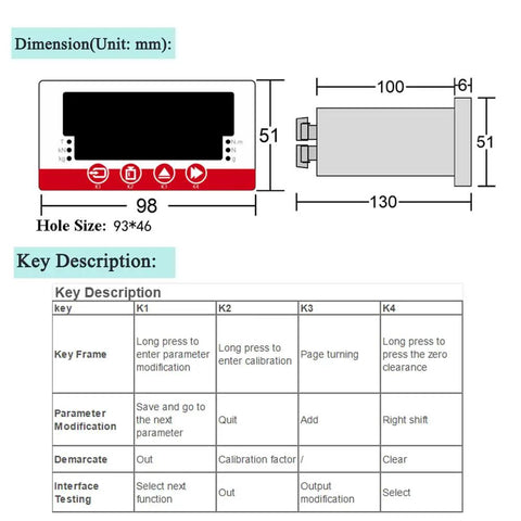 Six Digit Load Cell Display Controller With Digital Panel Meter And Peak Gross Net Readouts, RS485, Two Relays, 0-10V Output, DC 10-30V, Shop Floor Ready Gauge For Force, Weight, And Pressure Monitoring dimension drawing, 98 mm front, 130 mm side