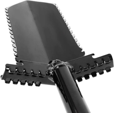 Close-up of NX-5 31 Inch Long Handle Black Tempered Steel Shovel For Heavy Duty Digging And Cleanup blade detail, classic design.