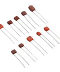 Metallized Polypropylene Film Capacitors Assortment Kit, 100 Pieces, 10 Values From 10nF To 474nF, CBB Style, arrayed on white