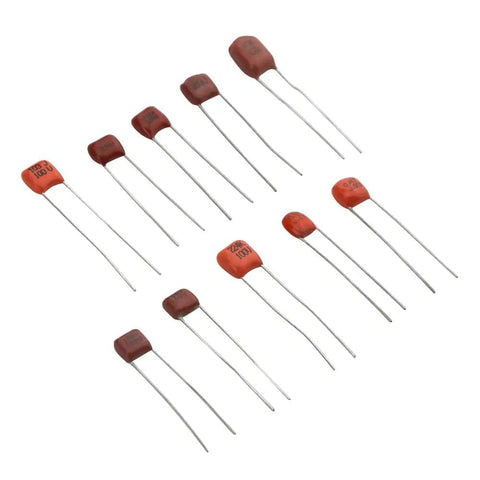 Metallized Polypropylene Film Capacitors Assortment Kit, 100 Pieces, 10 Values From 10nF To 474nF, CBB Style, arrayed on white