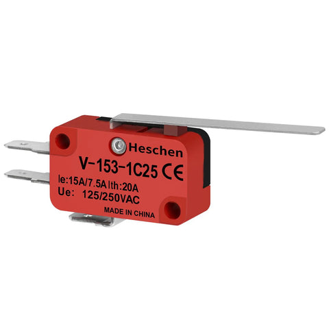V-153-1C25 Micro Switch With Beefy Long Straight Lever 15A 125/250VAC Heavy Duty SPDT Snap Action Limit Switch Quick Connect Terminals Three Sixteenth Inch 4.8mm Dual Pack red micro switch with long straight lever and quick-connect terminals