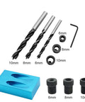 Heavy Duty Self Centering Doweling Jig Kit With Pocket Inclined Hole Drill Guide And 6 8 10 Millimeter Metric Dowel Positioner Locator Kit components including drill bits and dowel guides.