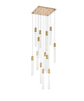 Modern 13 Bulb Pendant Ceiling Light Featuring Satin Gold Hardware And Clear Crystals, adjustable hanging design.