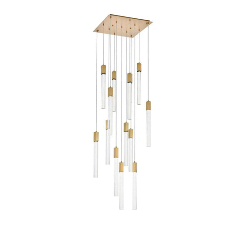 Modern 13 Bulb Pendant Ceiling Light Featuring Satin Gold Hardware And Clear Crystals, adjustable hanging design.