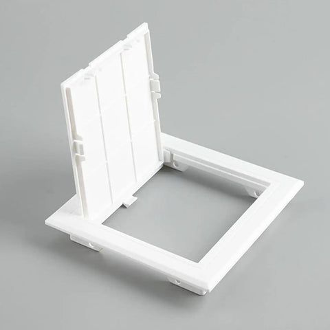 Straight Up Solid Drywall Access Panel 6X6 Inch Abs Plastic Wall Hole Cover With Flip Access Door showing open access door.