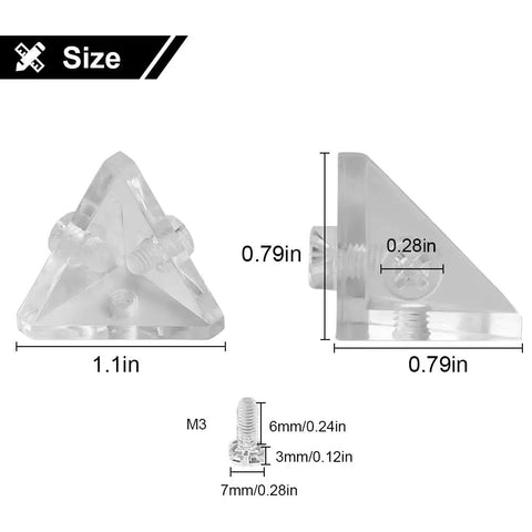 No Sweat Setup Acrylic Display Case Triangle Connector Seamless Assembly Clear Display Box Corner Joint with screws, 1.1in size.