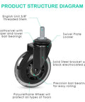Badass 3 Inch Rubber Caster Wheels Set Of 4 With 3/8 Threaded Stem Heavy Duty Swivel Casters features diagram showing stem and wheel components.