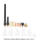 Upgrade Your Welding Game With This WP9 And WP20 Torch Consumables Kit Including Premium Glass Nozzles, Tungsten Clamps plus Silicone Rings For Smooth Argon TIG Guns And Rock Solid Gas Coverage Plus Clear Arc Visibility. Components include black nozzles and clear glass cups.