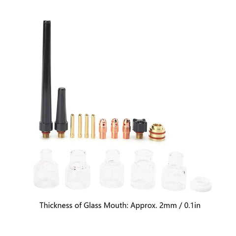 Upgrade Your Welding Game With This WP9 And WP20 Torch Consumables Kit Including Premium Glass Nozzles, Tungsten Clamps plus Silicone Rings For Smooth Argon TIG Guns And Rock Solid Gas Coverage Plus Clear Arc Visibility. Components include black nozzles and clear glass cups.