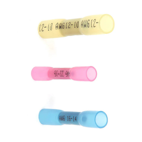 Hella Reliable Heat Shrink Wire Connectors And Electrical Terminals Assortment Kit with color coded yellow, pink, and blue connectors.