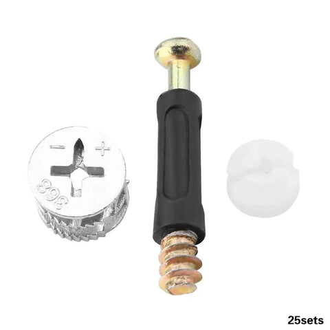Top Notch Cam Lock Furniture Screw Set For Home DIY Carbon Steel Connectors Silver Finish 25 Piece Fastener Kit Easy Install Lightweight Yet Durable Precise Fit showing cam lock, screw, and connector