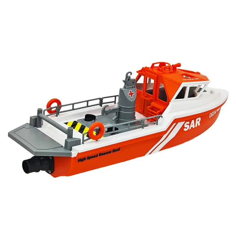 One Thirty Second Scale RC Rescue Boat With Dope Realistic Black And Red Livery Eight Kilometers Per Hour Speed Electric Jet Boat Two Point Four Gigahertz Remote Control Waterproof Hull With LED Navigation Lights Ideal For Pools Lakes And Adults shown in detail