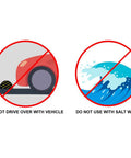 Illustration showing restrictions for Water Barrier System For Flood Protection Sandless Sandbags: no vehicles, no salt water.