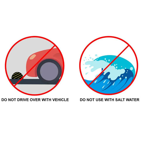 Illustration showing restrictions for Water Barrier System For Flood Protection Sandless Sandbags: no vehicles, no salt water.
