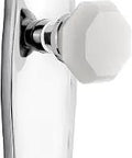 Prairie Plate Waldorf White Milk Glass Knob Set For Passage Doors Complete Two Sided Brass Backset Options Two And Three Eighths Or Two And Three Quarters Inches Solid Forged Brass Construction Ideal For Closets And Hallways Bright Chrome Finish, front view.