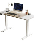 Sturdy Electric Standing Desk 55 Inch Height Adjustable Home Office Gaming Computer Table with wood top and white frame.