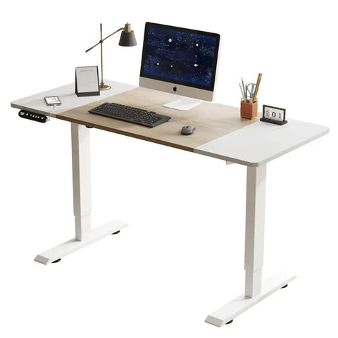 Sturdy Electric Standing Desk 55 Inch Height Adjustable Home Office Gaming Computer Table with wood top and white frame.