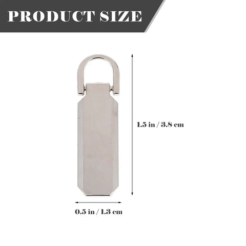 Heavy Duty Zinc Alloy Zipper Pull Tabs Replacement Kit For Backpacks Coats Jackets 12 Piece Set showing size dimensions 1.5 in x 0.5 in.