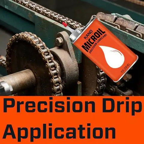 Low Viscosity Precision Lubricant Drip Oil For Clocks Watches Micrometers And Small Parts Anti Rust Protection With Moisture Displacement Carbon Deposit Cleaner Non Gumming Formula Great For Home And Industrial Use 1 Quart Can next to a chain mechanism demonstrating precision application.