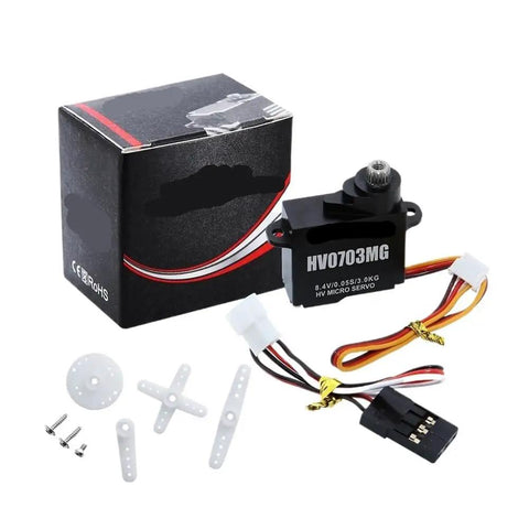 High Performance 3 Kg Digital Coreless 8.4 Volt Sleek Brushless Servo with accessories for RC cars and helicopters.