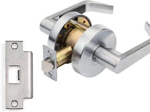 Aug 30 26D Grade 2 Commercial Duty Passage Lever, ADA Compliant, Satin Chrome Finish, shown with a latch assembly.