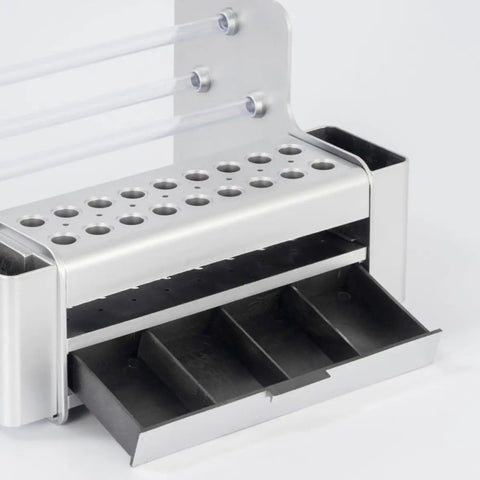Solid Portable Desktop Tool Organizer Rack For Holding Screwdrivers And Tweezers Along With Silver Pvc Pe Build close-up of storage compartments.