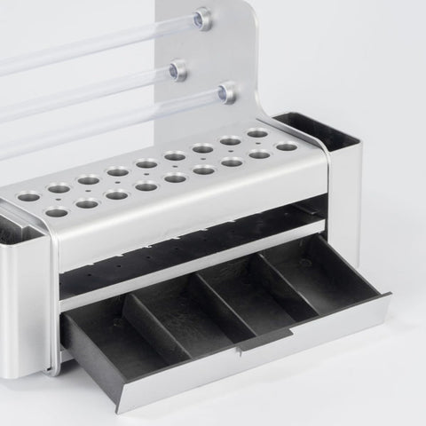 Beefy Portable Tool Organizer With Roomy Sliding Drawer For Screwdrivers And Tweezers - features a silver metal design with sliding tray.
