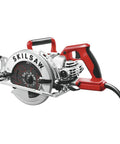 Lightweight Worm Drive Circular Saw With 15 Amp Engine And 7 1/4 Inch Blade cuts lumber, featuring magnesium body, powerful and durable.