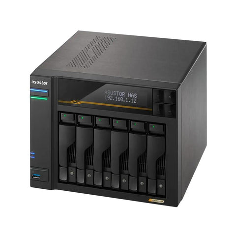 Badass Six Bay Network Attached Storage Featuring Amd Ryzen Quad Core Processor And 16Gb Ecc Ddr5 Memory With Single 1Tb Nvme Drive Plus Four M.2 Expansion Slots For Dual 10GbE And 5GbE Networking Alongside Fast Usb4 Ports For Next Level Data Archival, six bay design with LED indicators.