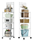 The Real Deal Five Tier Storage Rack Heavy Duty Metal Shelving Unit With Smooth Rolling Casters Rust Resistant Black Finish Built Tough For Zero Hassle Garage And Versatile Organization featuring kitchen appliances and storage bins.