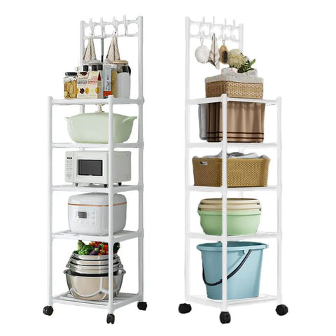 The Real Deal Five Tier Storage Rack Heavy Duty Metal Shelving Unit With Smooth Rolling Casters Rust Resistant Black Finish Built Tough For Zero Hassle Garage And Versatile Organization featuring kitchen appliances and storage bins.