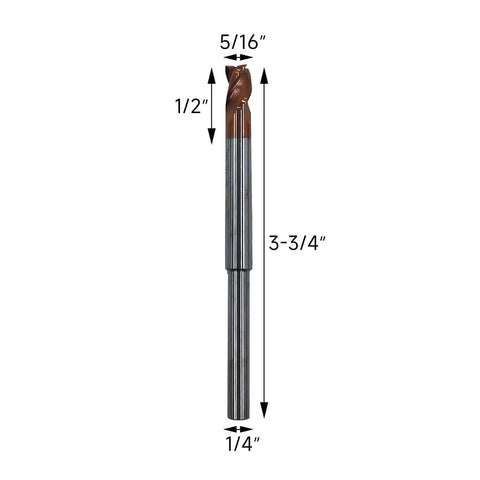 Router end mill, 1/4 in reduced shank; 5/16 in diameter, 3-flute carbide, 37° helix, ZRN-coated for aluminum.