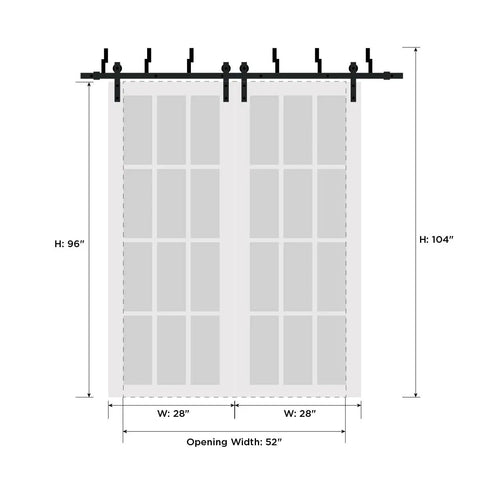 Ready To Roll Modern Interior Barn Door Sliding System With Sleek Frosted Glass Panels and Dead Simple Heavy Duty Black Hardware Kit For A Solid Home Refresh, dimensions 28x96 inches.