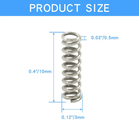 Front view of a mini stainless steel compression spring, 0.5 mm wire, 3 mm outer diameter, 10 mm free length.