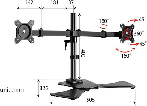 Hella Sturdy Universal Television Stand featuring rolling wheels and adjustable height, showing dimensions and mounting points.