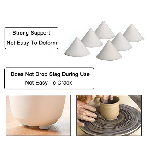50 white ceramic kiln cone supports for pottery; high-temperature, reusable refractory nails; shown beside pot and on wheel.