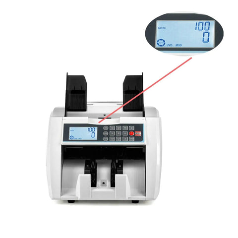 Slick Automatic Money Counter Machine For Multi Currency Bills With Double Note Detection Batch And Add Functions And External Display showing control panel and external display.